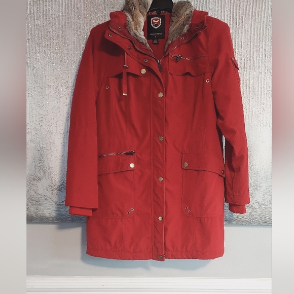 1 Madison Red Women's Parka Hodded Coat With Faux Fur Sz-L - Picture 1 of 10